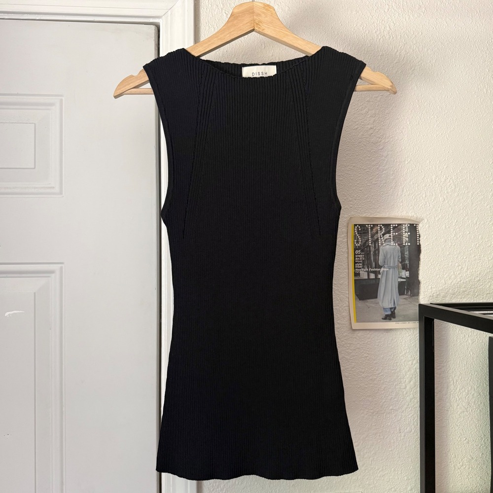 DISSH black chunky rib ribbed knit boat high neck tunic tank top